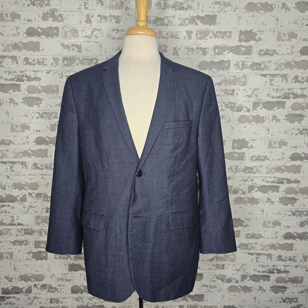 H & M 100% Wool Blue Extra Slim Fit Blazer Elbow Patch 2 Button Center Vent 46R